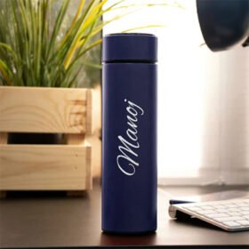 blue printed water bottle